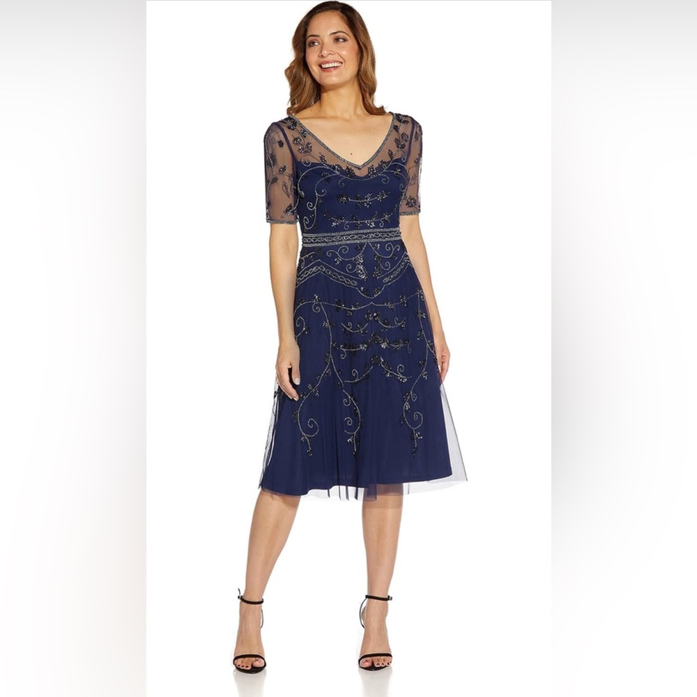 Adrianna Papell Navy Blue Beaded Mesh Cocktail Dress
